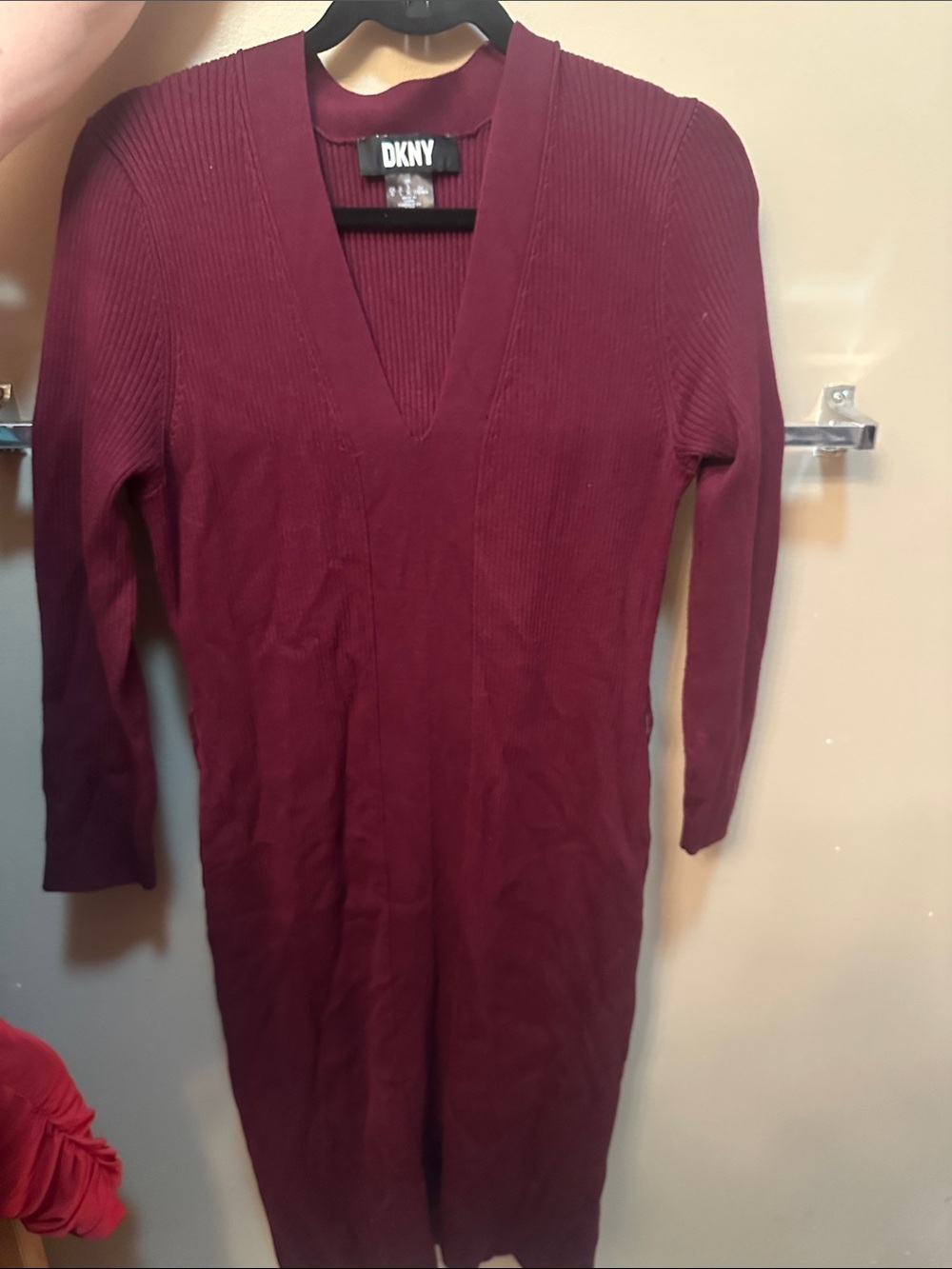DKNY Burgundy Ribbed V-Neck Sweater Dress